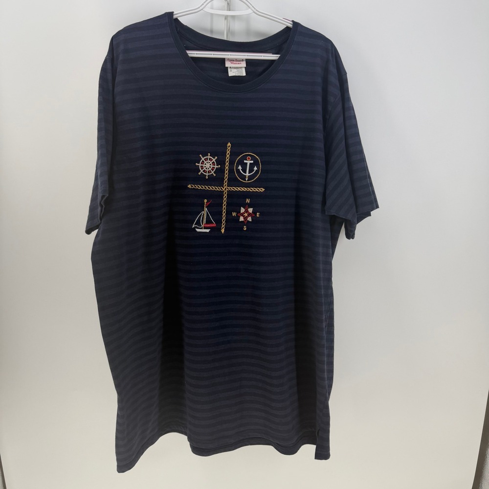 Bobbie Brooks TShirt Women 26W/28W Navy Striped Nautical Embroidered Coastal Sea